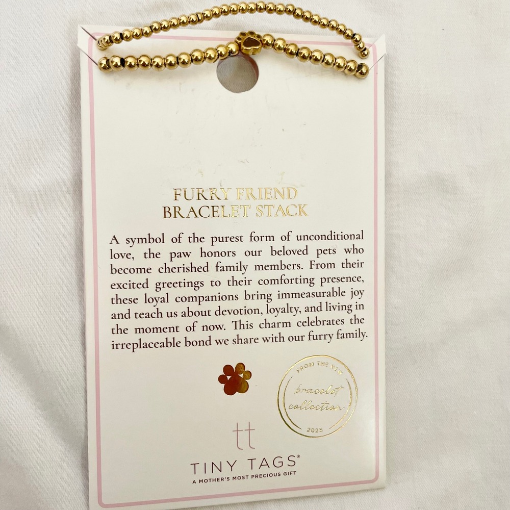 Tiny Tags Furry Friend Bracelet Stack Gold Beaded Paw Print‎ Charm 2pc Set NEW